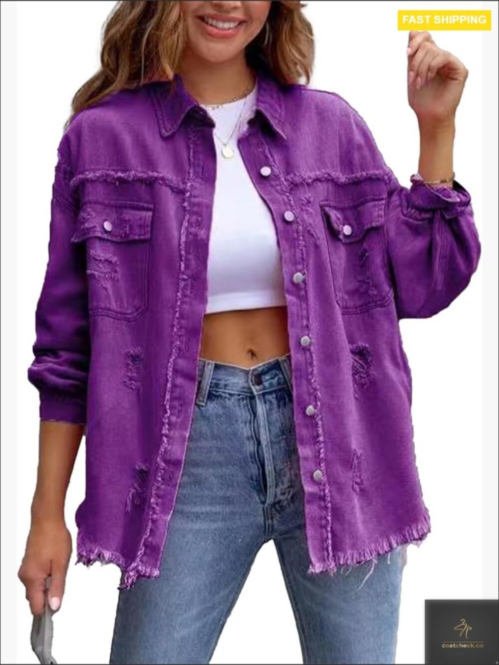 Frayed Hem Ripped Denim Shirt Jacket Button Front Boyfriend Jean Coat Oversized